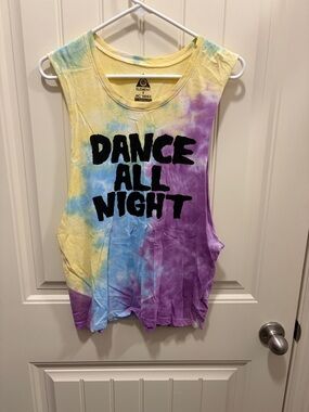Element Tie-Dye Muscle Tank Yellow Blue Purple with Black Text